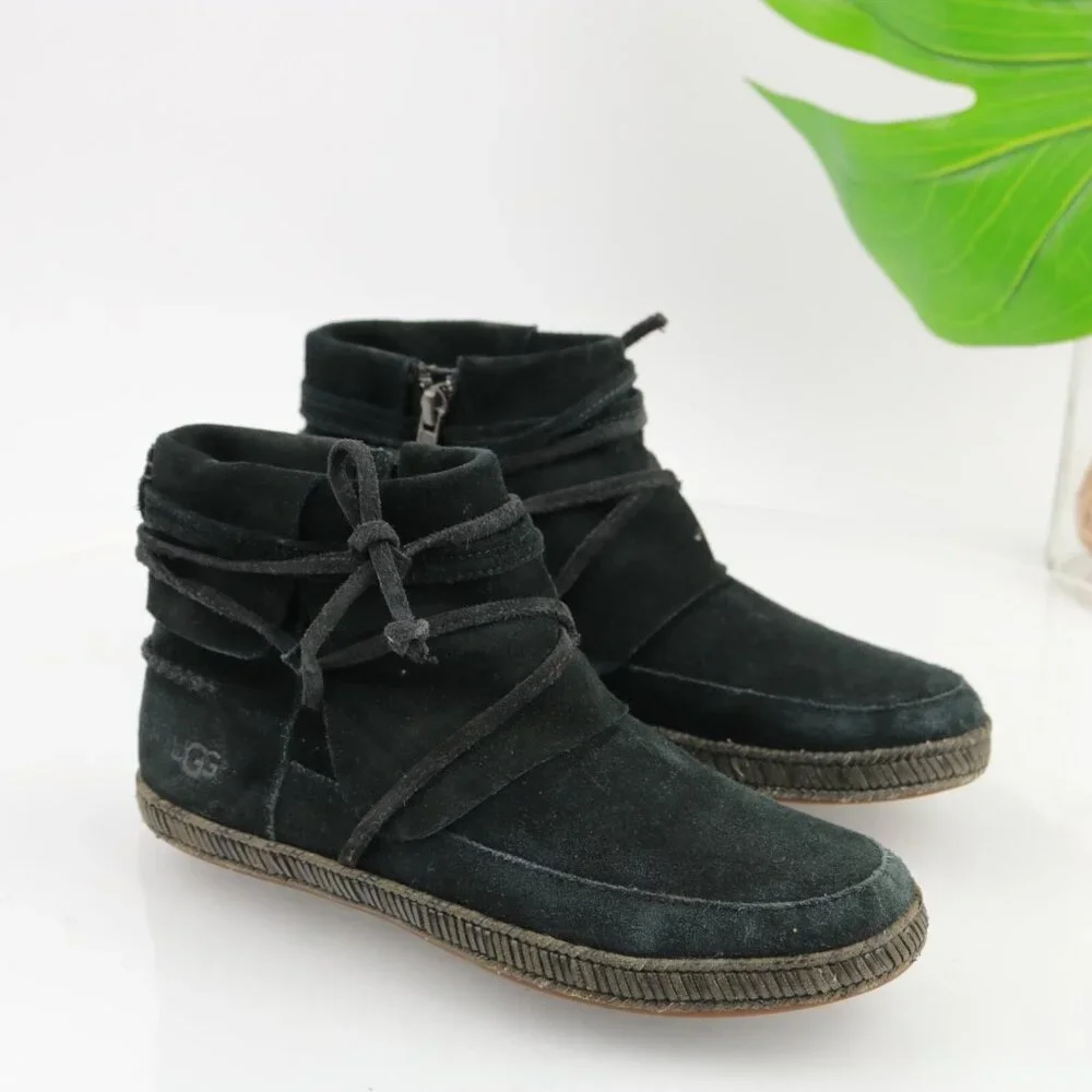 UGG Womens Reid Boot Size 6 Black Suede Tie Wrap Cushioned Moc Casual Booties‎